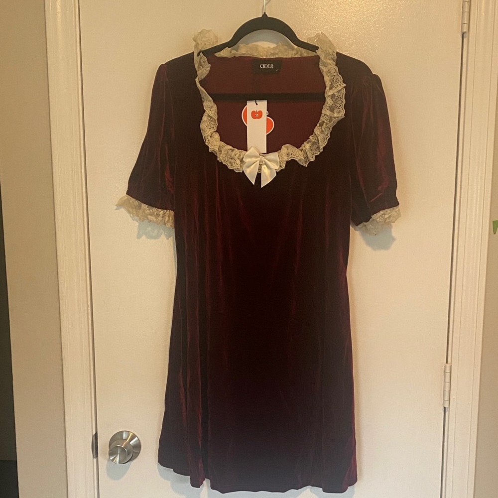 Cider Burgundy Velvet Mini Dress with Cream Lace